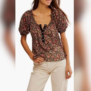 Free People Astra Peasant Top - Size Medium, Black Combo